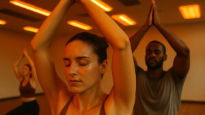 Yoga class under infrared heat ceiling panels.