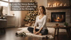 Woman sitting meditating in her living room, after practicing yoga.