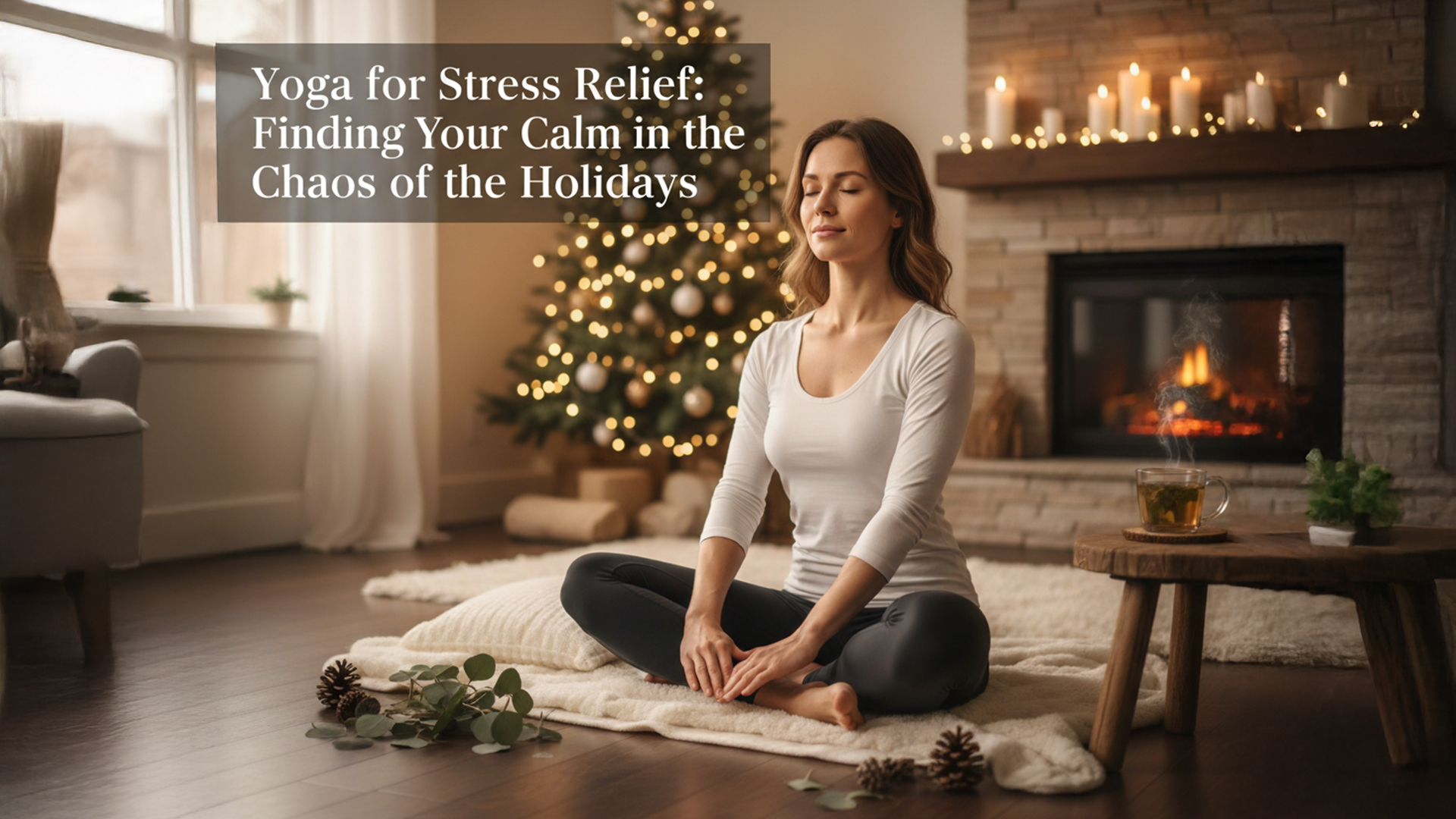 Woman sitting meditating in her living room, after practicing yoga.